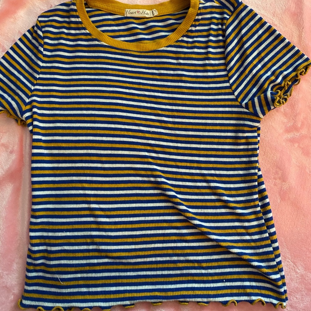blue, white and yellow stripped top